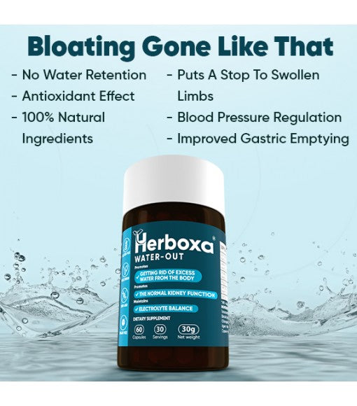 Herboxa Water-Out. No water retention. Antioxidant effect. 100% natural ingredients. Puts a stop ot swollen limbs. Blood pressure regulation. Improved gastic emptying